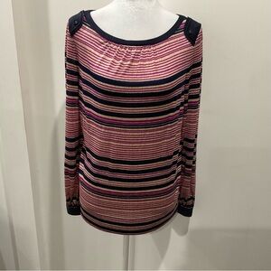 Tory Burch Pink, Navy & Cream Striped Long-Sleeve Boatneck Top